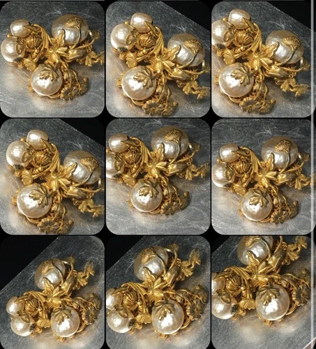 Vtg Miriam Haskell Baroque Simulated Pearl Brooch Pin Antiqued Gold Tone 2X2.2"