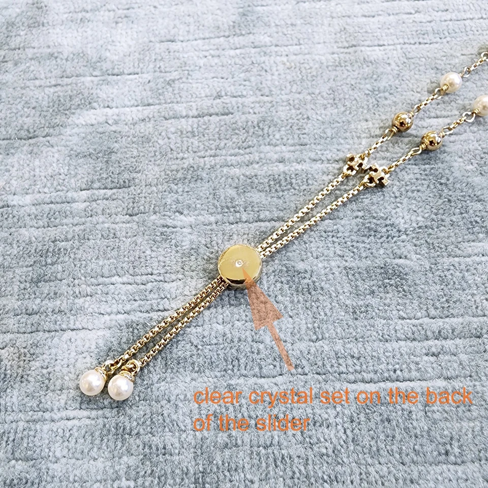 Authentic Tory Burch 18K Gold Plated Logo Pearl Beaded Slider Bracelet 164147 - Image 4 of 4