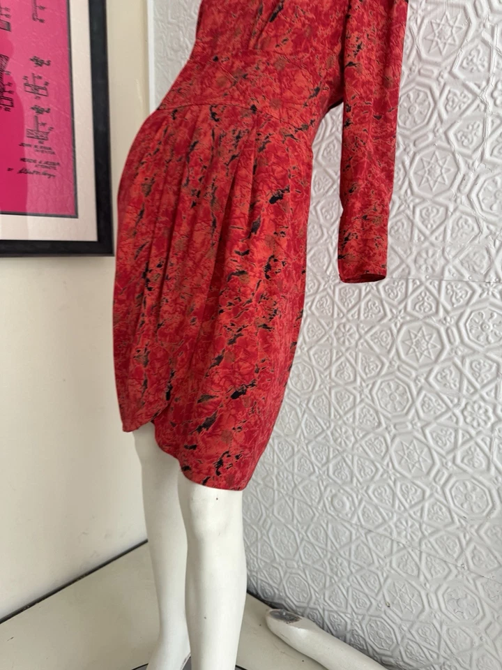 Vestido Ungaro Vintage Años 80-Rojo Estampado Abstracto-Mini-Midi-Vestido-Glam-Diseñador-M Foto 2 de 4