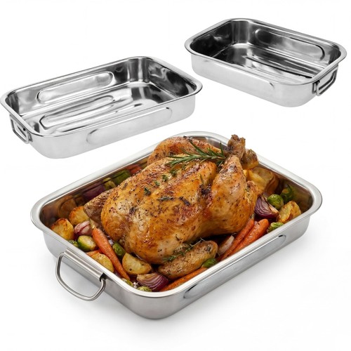 GEEZY Set of 3 Stainless Steel Roasting Tins (27, 31 & 36cm) - Large