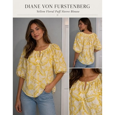 DIANE VON FURSTENBERG Yellow White Sz 6 Career Blouse Boho Floral Vacation light