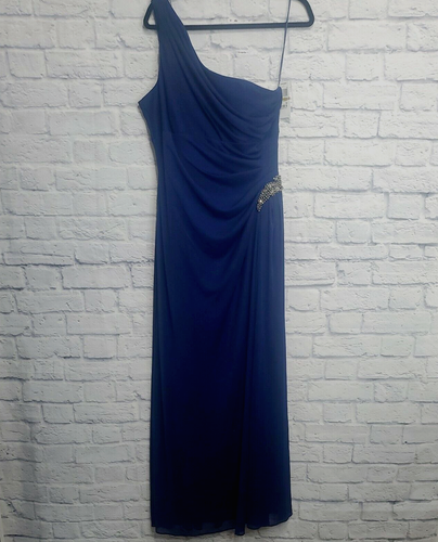 Alex Evenings Dress Gown Womens 14 Blue Full Length One Shoulder Rhinestone New