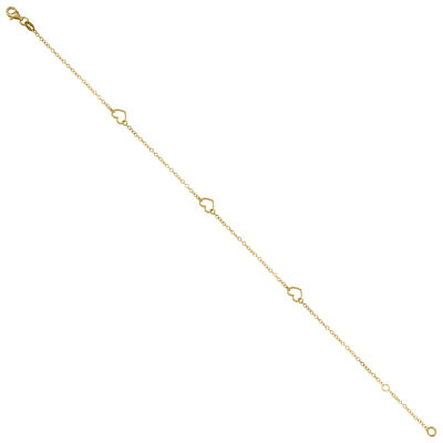 14K Yellow Gold Women's Stationed Open Heart Charm Cable Link Anklet 9'' + 1'' Ext
