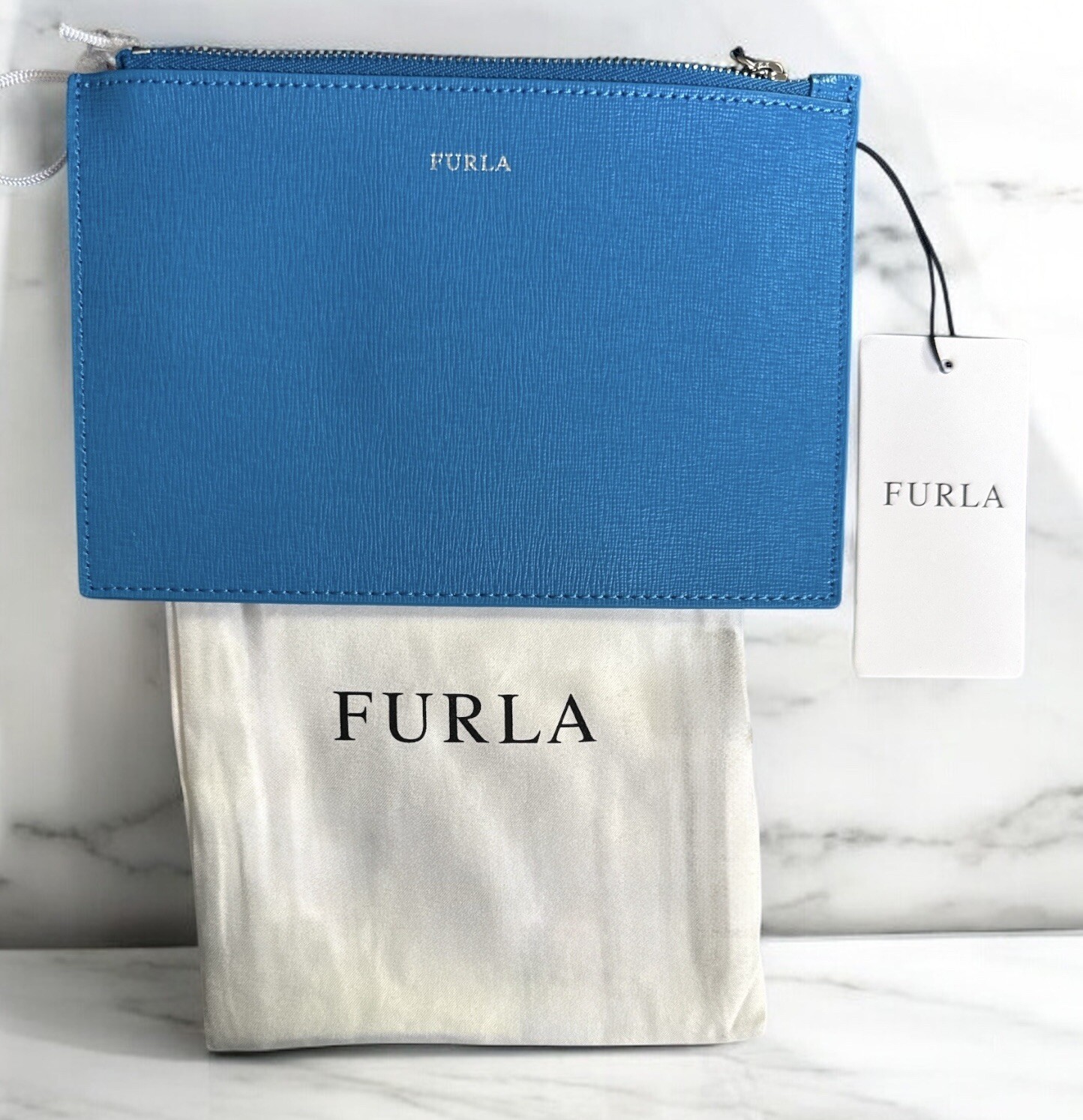 Furla Babylon Leather Pouch With Dust Bag NWT Rare Blue image 8