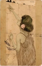 PC KIRCHNER ARTIST SIGN LADY WRITING ON THE WALL ART NOUVEAU D25-2 (b2664)
