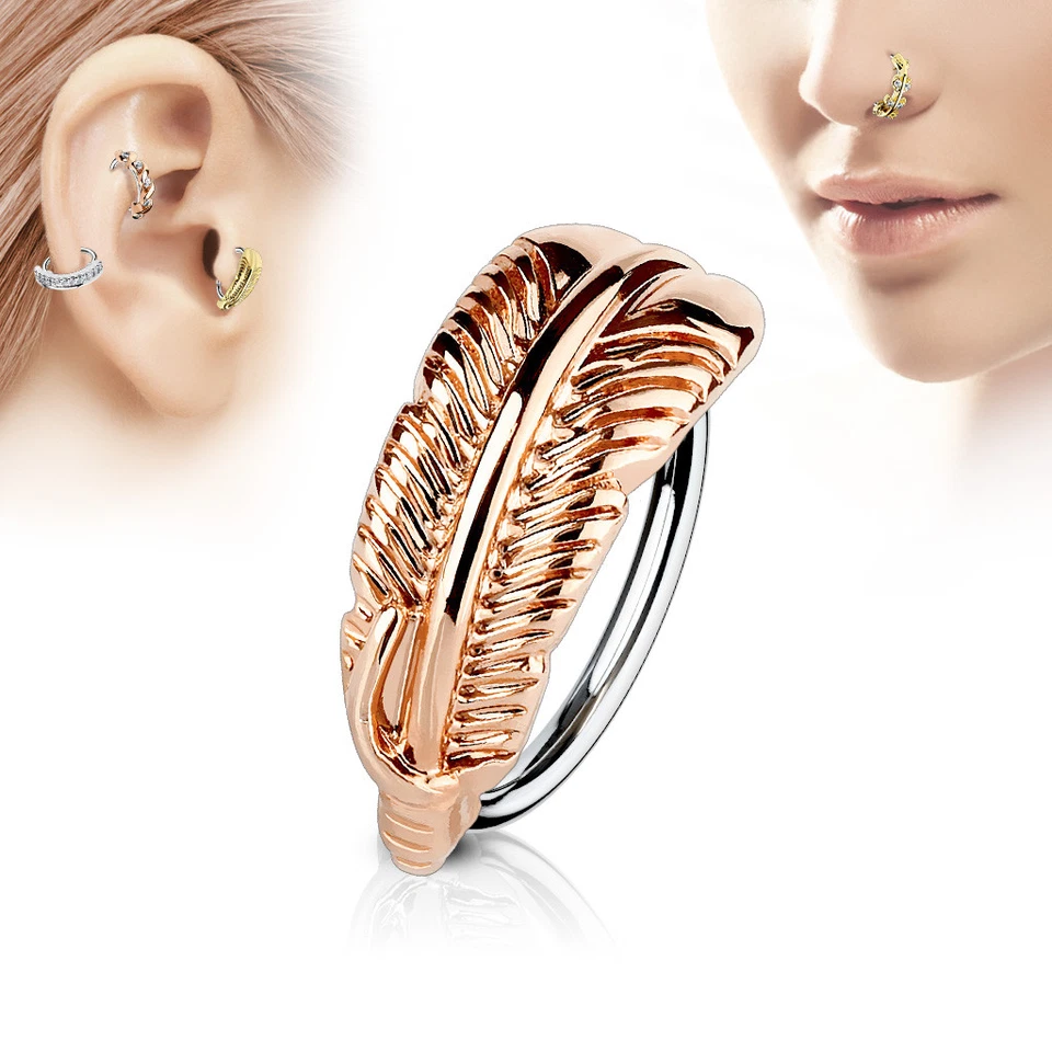 Feather Crawler Ear Cartilage Earrings Daith Tragus Helix Hoop Nose Rings - Image 3 of 4