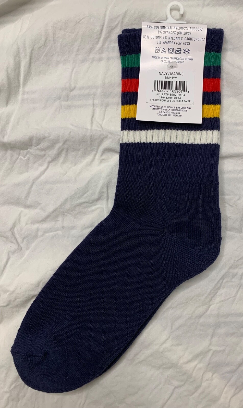 Hudson's Bay Company Stripes Navy Blue HBC Unisex Multistripe Crew Socks S/M