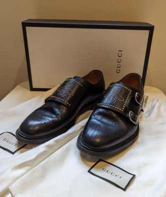 Gucci Black Calfskin Leather Double Monk Strap Loafers Size 41.5 IT7.5