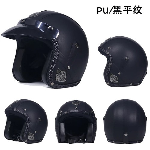PU Leather Retro 3/4 Motorcycle Chopper Bike Helmet Open Face Motorbike Helmets - Picture 4 of 18