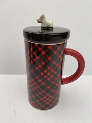 MSRF Design Studios Scottish Terrier Scotty Dog Tall Cup Mug Lid Red Cream Black
