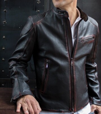 Men's Genuine Real Leather Jacket Motorcycle Black Biker - Main Image