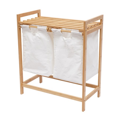 Bamboo Laundry Hamper Laundry Double Basket Wooden Laundry Sorter for Home Use - Picture 7 of 12