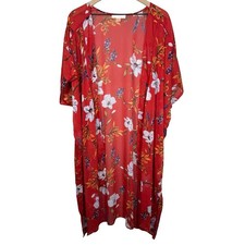 Band of Gypsies MEDIUM / LARGE Long Flowing Sheer Red Gold Floral Kimono Boho