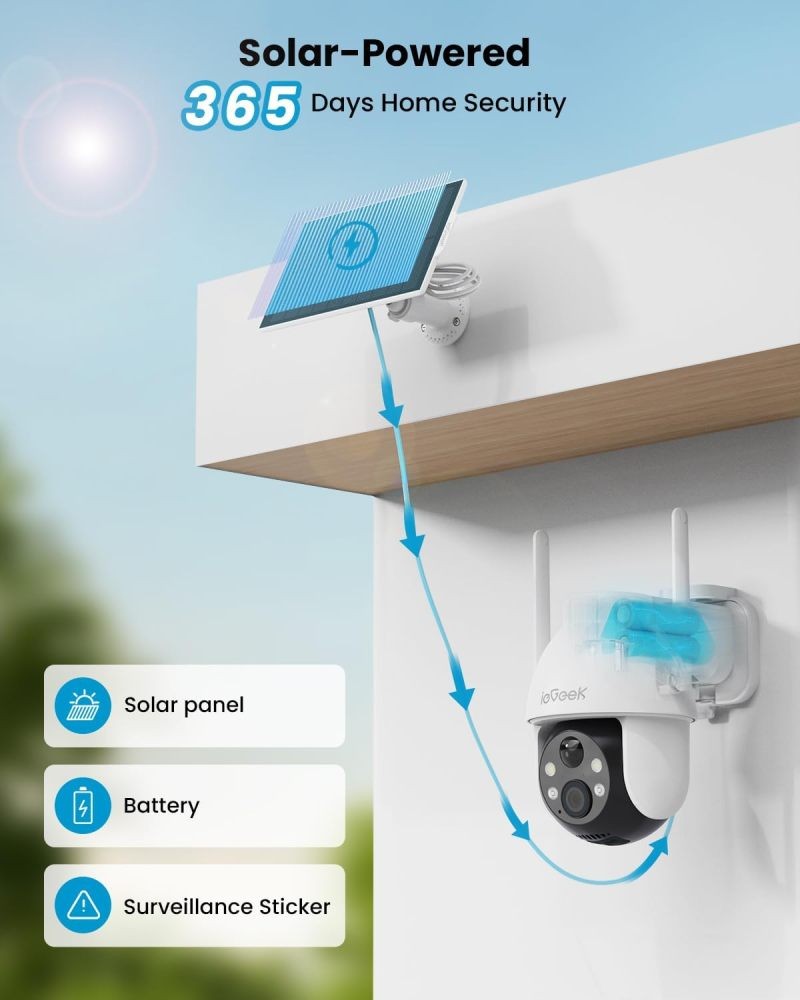 ieGeek Security Camera 2K with Solar Panel, 360° PTZ, Color Night Vision