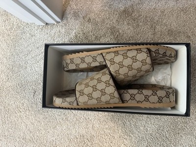 Gucci GG Supreme Men's Slide Sandals Beige Brown Logo Fabric