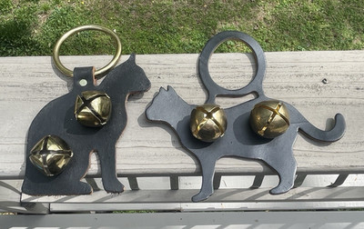 Vintage Black Leather Cat Door Knob Hanger Bells Brass Chimes Jingle Bells