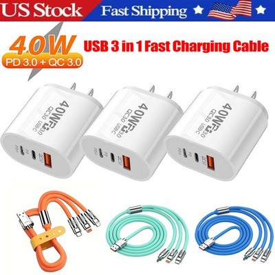3 in 1 Fast USB Charging Cable Universal Multi Function Cell Phone Charger Cord
