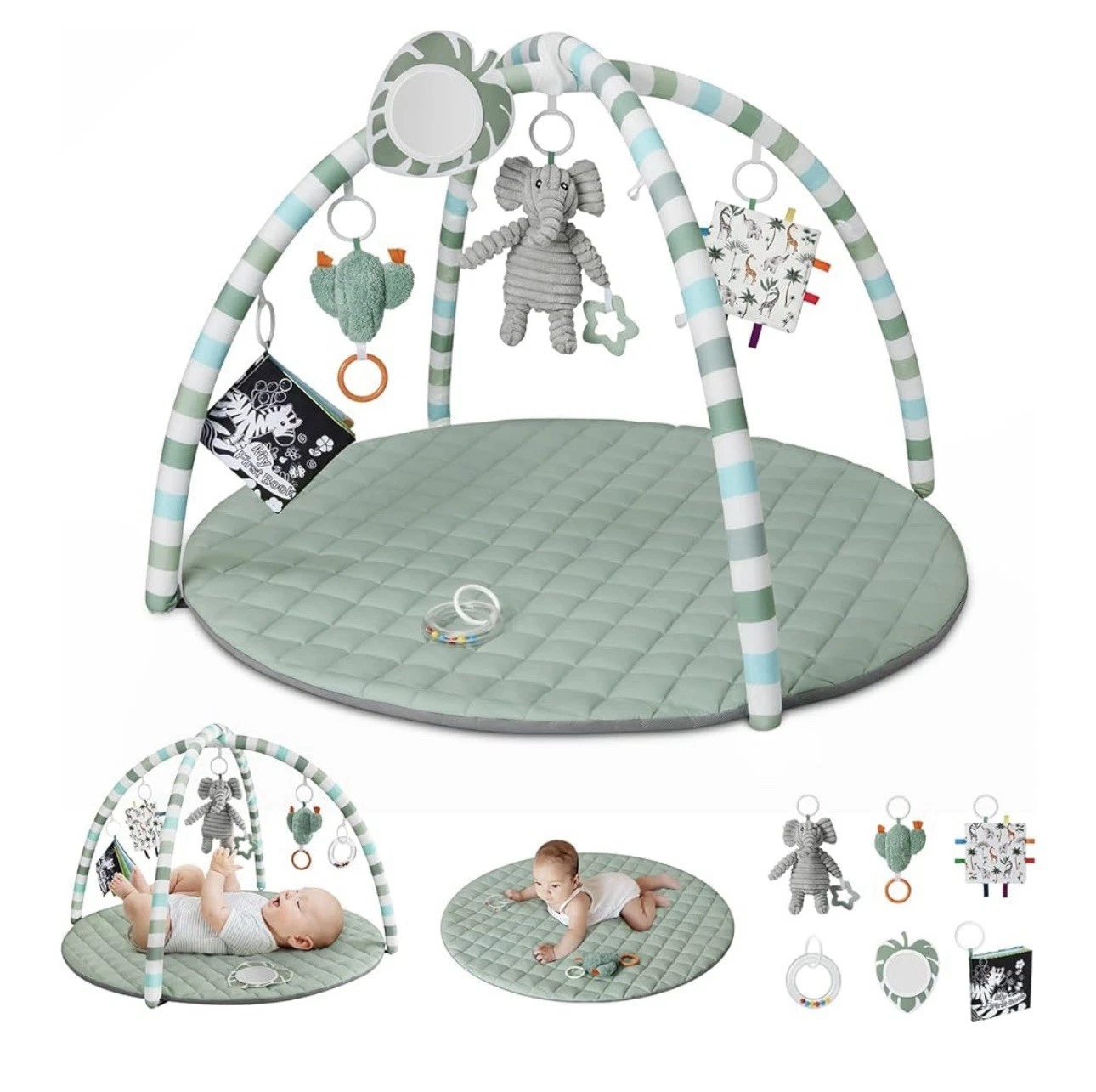 ~*New Blissful Diary Baby Play Activity Mat Gym Tummy Time 6 Toys Sage Green*~