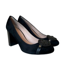 Tory Burch Mini Miler Block Heel Pumps Black Suede Leather Logo Women's US 8.5