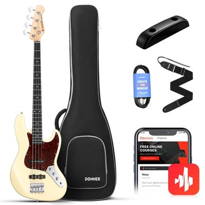 Donner Electric Bass Guitar 4 Strings Full-Size Standard JB-Style, White