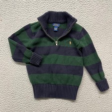Polo Ralph Lauren Sweater Boys 6 Green Blue Striped 1/4 Zip Knit Pullover Preppy