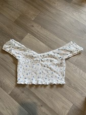 Women’s Primark Off The Shoulder White With Blue Flower Detail Crop Top Size S