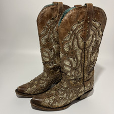 Corral Orix Glittered Inlay and Studs Brown Snip Toe Cowboy Boot C3331 Womens 6
