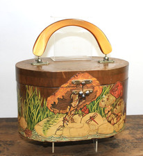 1970s Vintage Wood Box Decoupage Purse Mushrooms Gold Bakelite handle oval