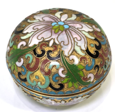 Vintage Cloisonné Trinket Box Lotus Flower White, Gold, Blue, Green & Pink