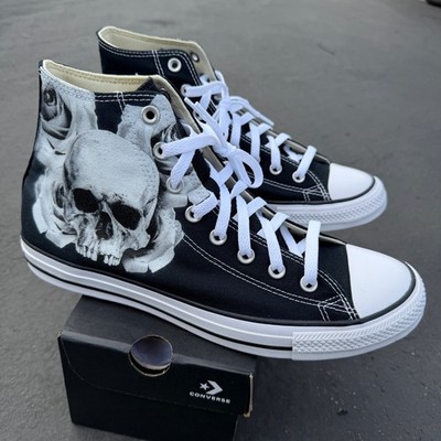 Skull Rose design on black high top Converse