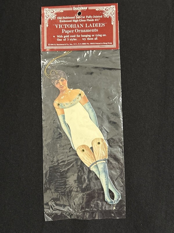 1991 Shackman Victorian Ladies Paper Doll Ornament Jointed Gold Christmas Decor