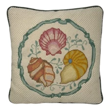 Vintage 80s Seashell Coastal Needlepoint Throw Pillow Green Velvet Back 14 x 14