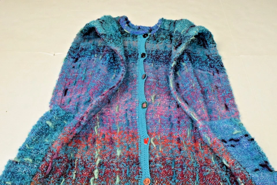 Chaleco bata de lana vintage Maggie Doyle tejido a mano fibra arte años 90 turquesa nubby Foto 2 de 4