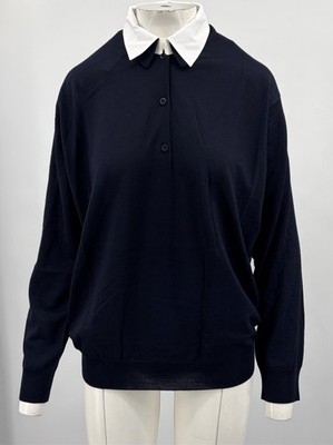 Prada 2024 Navy Wool Long Sleeve Polo Sweater w/ White Cotton Collar sz 46 NEW