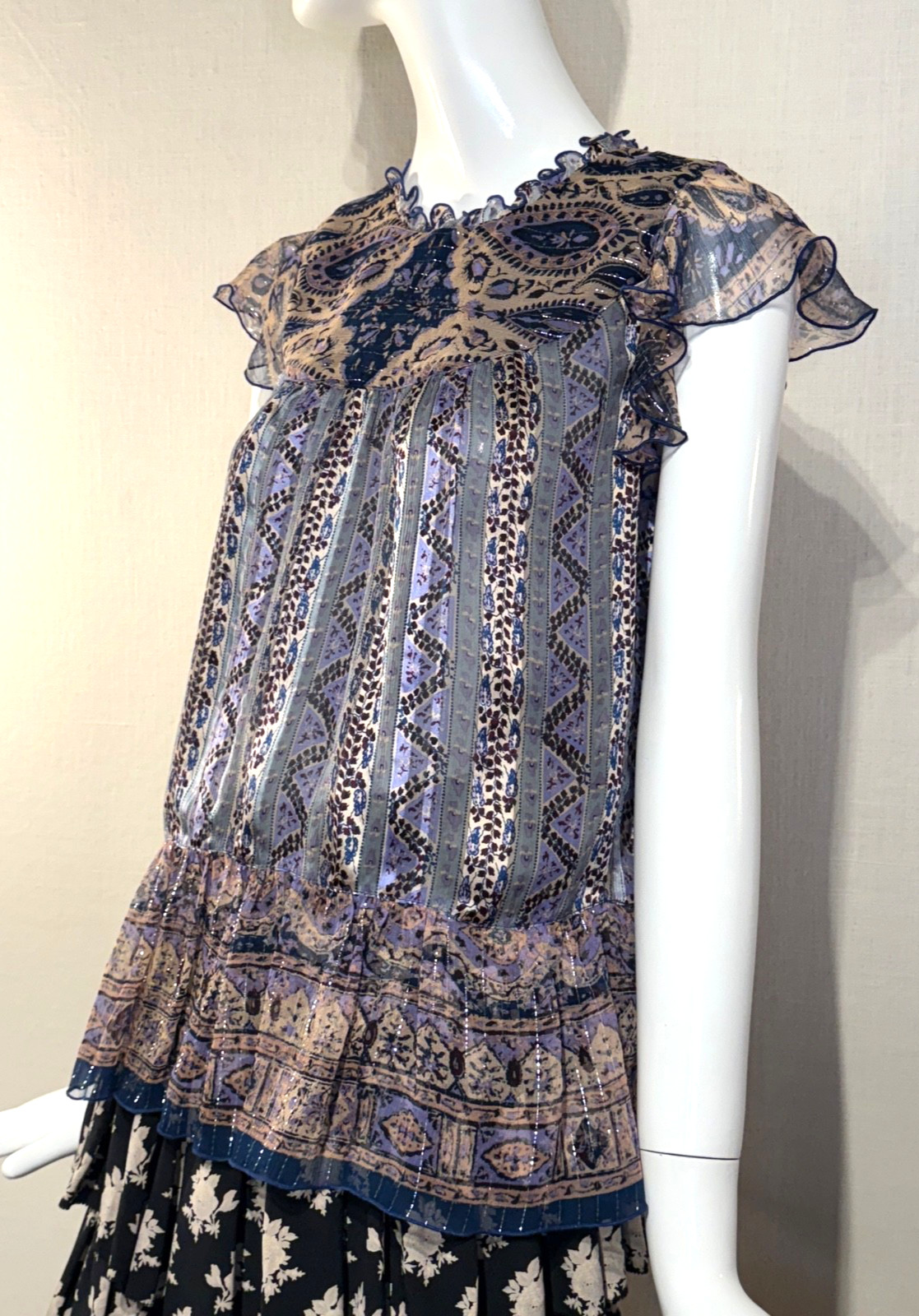 Spring 2011 Anna Sui Sheer SILK Cap Sleeve Blouse Size 8, Metallic Paisley NWT
