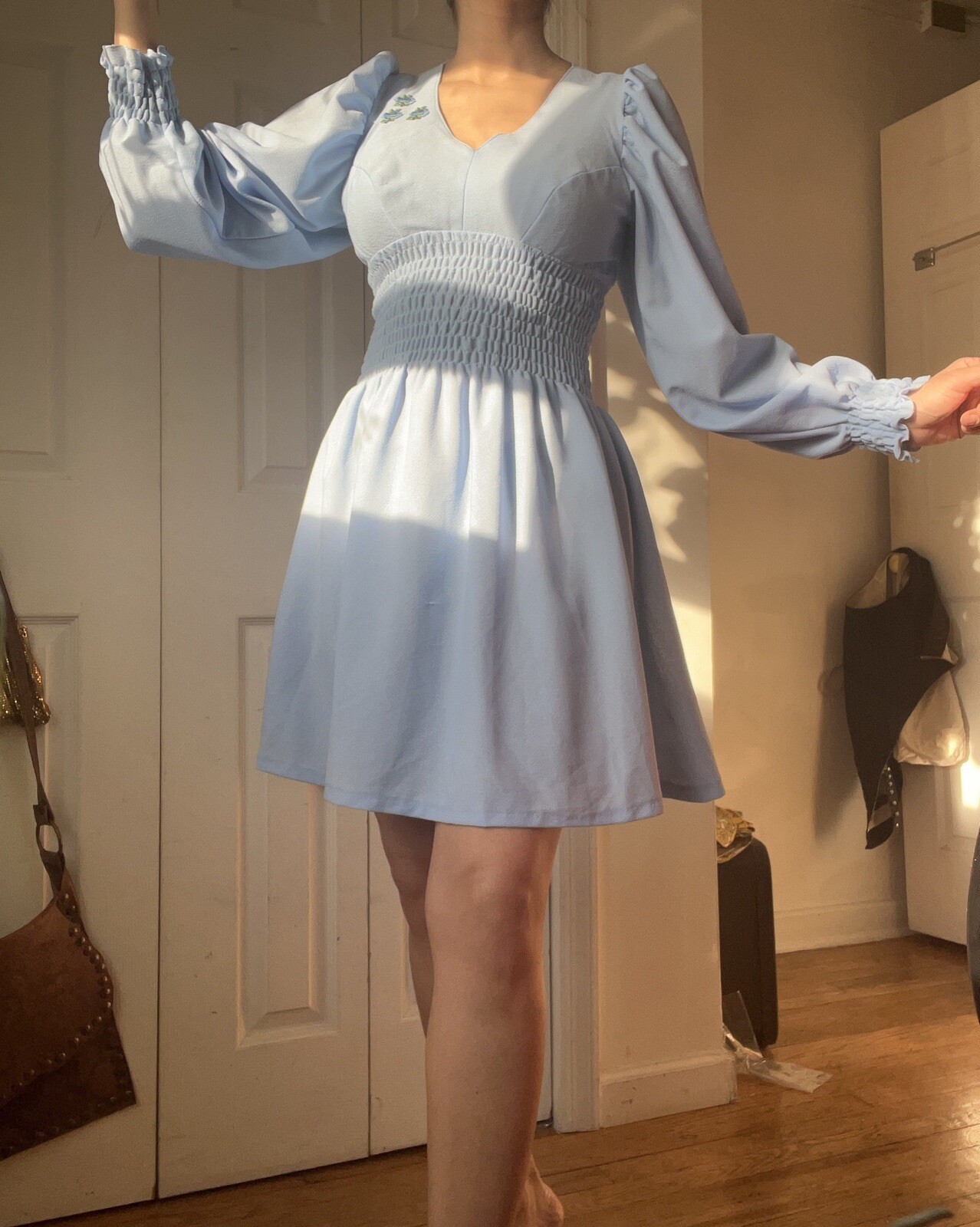 Vtg 60s 70s Does 1930s Blue Babydoll Mini Dress M… - image 3