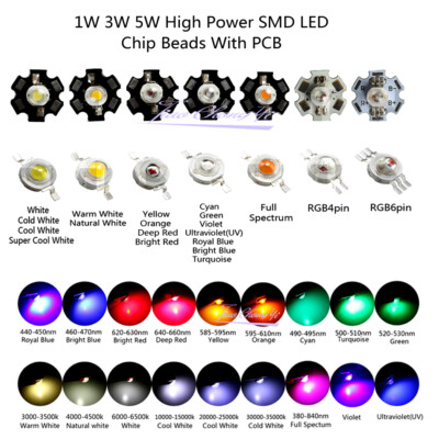 1W 3W 5W Watt High Power LED Chip Warm White UV Deep Red Blue Green RGB With PCB