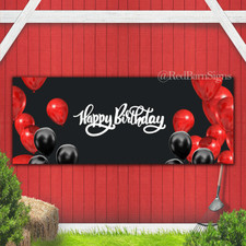 Happy Birthday red and black balloons black background banner