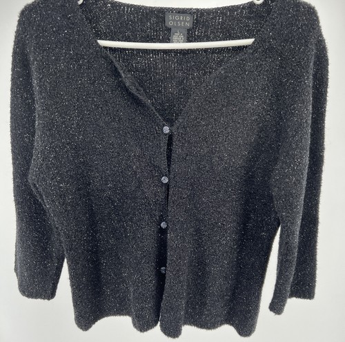 SIGRID OLSEN Black Sparkle Cardigan Sweater Button Up Size Large | eBay