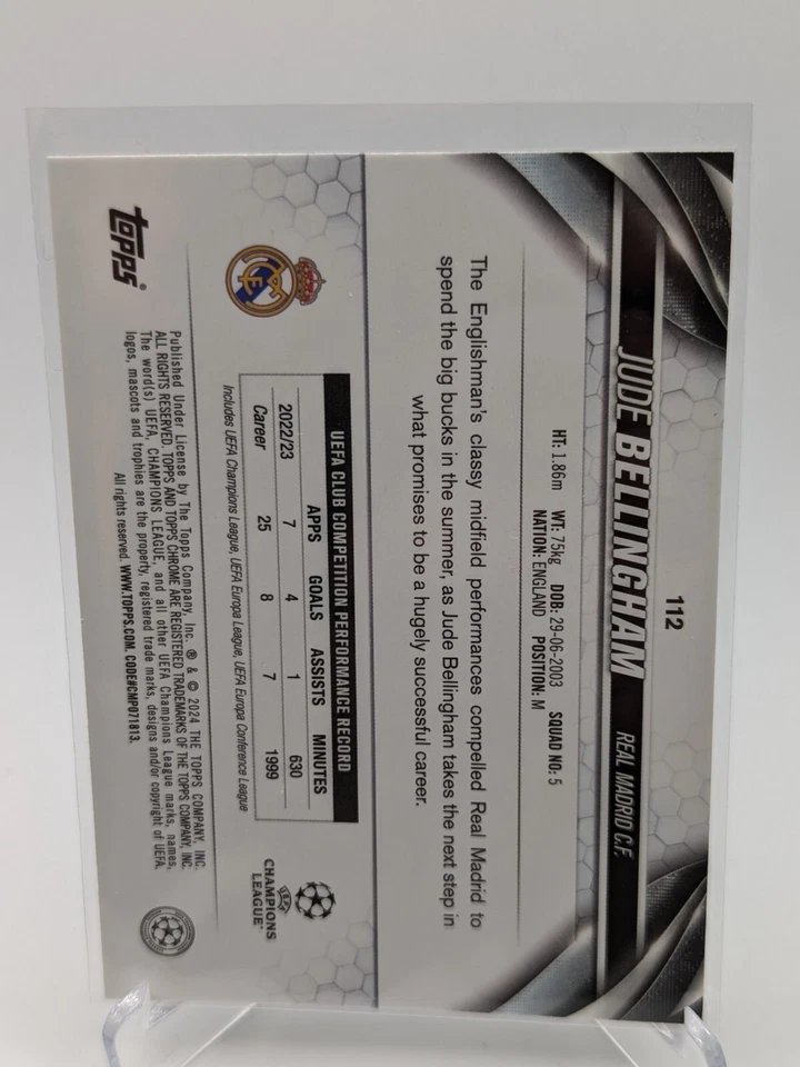 JUDE BELLINGHAM 2023-24 Topps Chrome UEFA Club Competitions #112 Real Madrid - Image 2 of 2