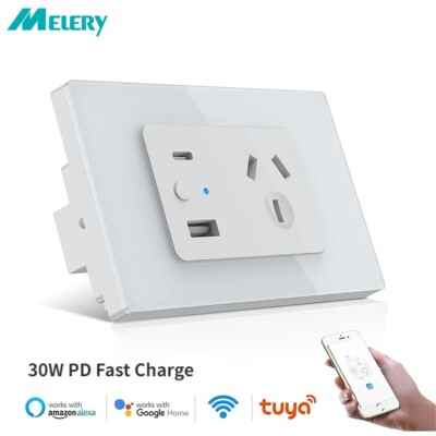 Melery Tuya Wifi Power Wall Socket USB Type C PD 30W AU Plug Outlet Glass Panel