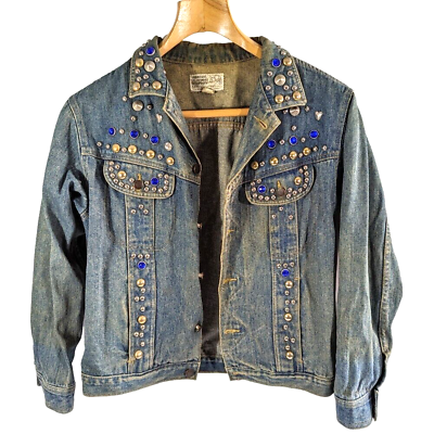 Vintage 80s Denim Studded Jeweled Bedazzled Coat Jacket Sz M Vintage 80s Denim Studded Jeweled Bedazzled Coat Jacket Sz M