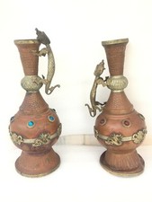 Old Vintage Copper Handmade Flower Vase Urn Dragon Pot Collectible Set 2