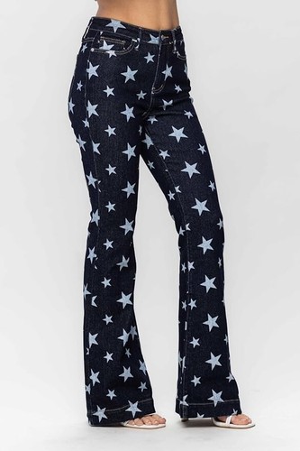 Judy Blue Womens Plus 18W High Waist Star Print Dark Wash Festival Flare Jeans