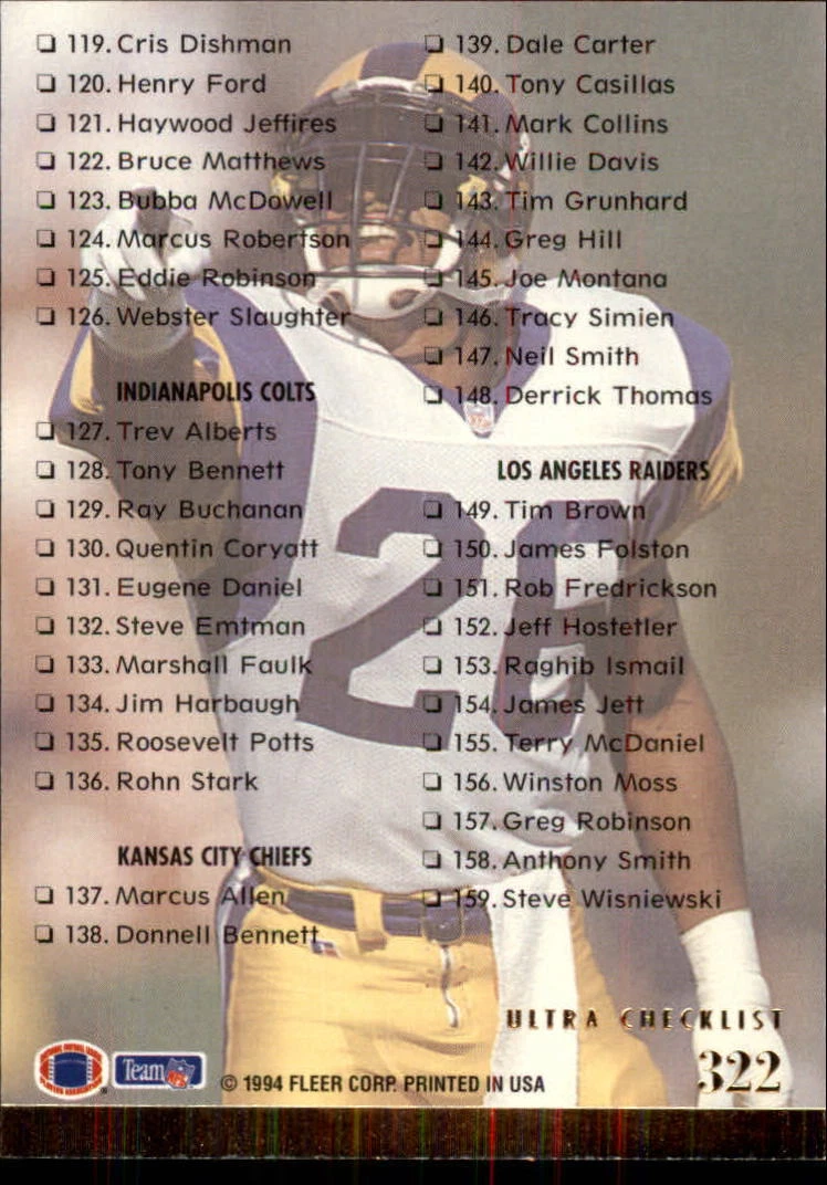 1994 Ultra Football #322 Checklist