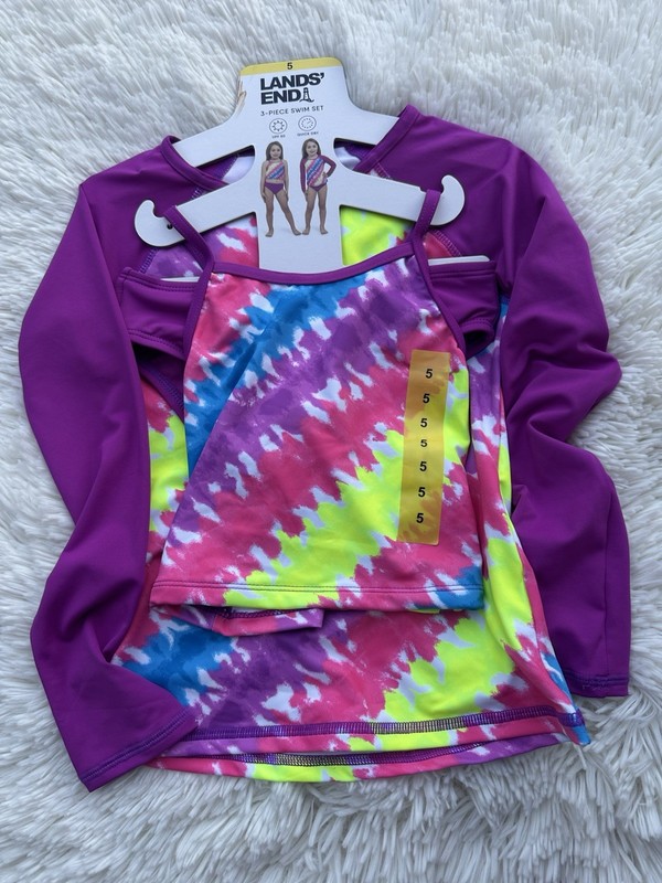 Lands' End Girls' Neon Tie-Dye 3-Piece Swim Set - Pink & Purple 5