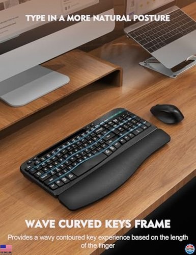 Wireless Ergonomic Keyboard & Mouse Combo, Cushioned Palm Rest, 2.4G Cordless - 第 3/6 張圖片