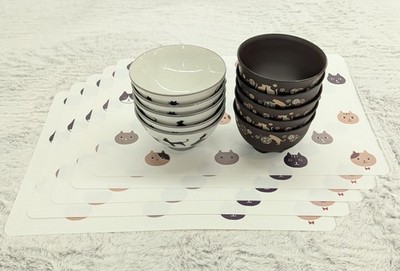 Nitori Japan Cat Dinnerware Set  [Rice Bowls×5 + Soup Bowls×5 + Placemats×5]