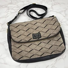 Fossil Argyle Diamond Preston Fabric Leather Trim Flap Fold Over Crossbody Purse
