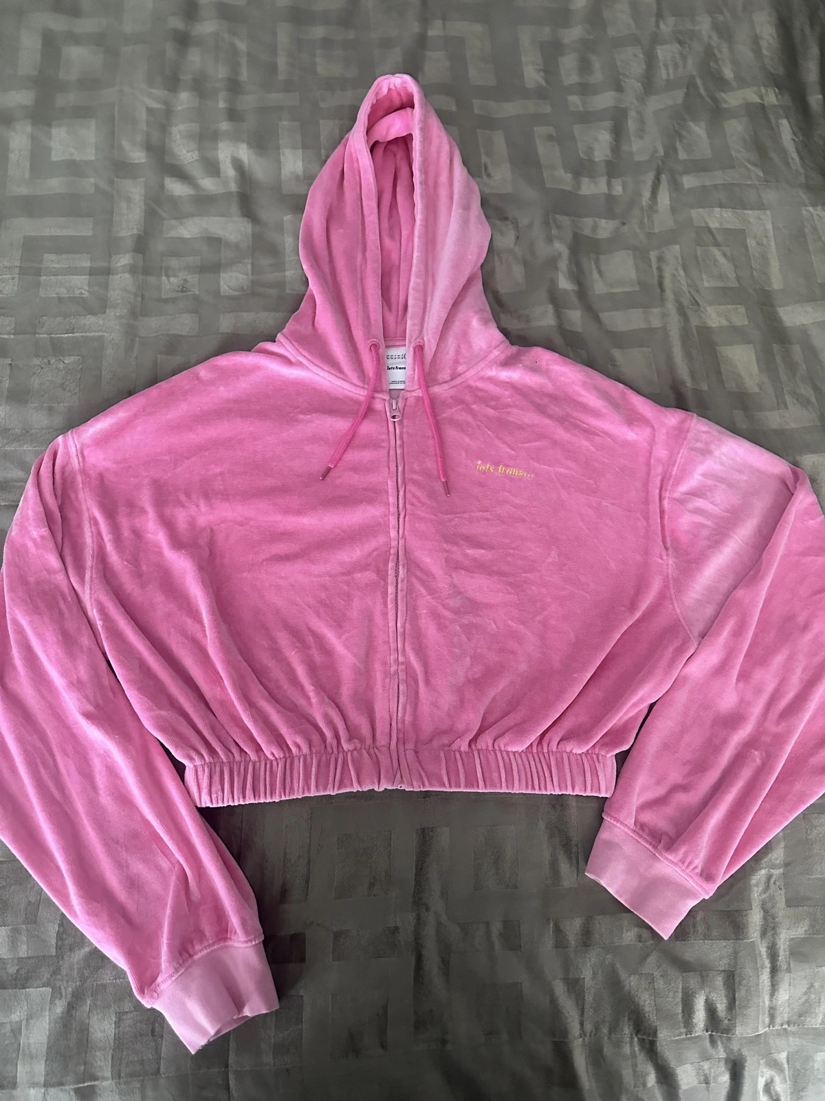 iets frans... Hoodie Womens XL Pink Cropped Zip Up Elastic Hem Velour Gold Text